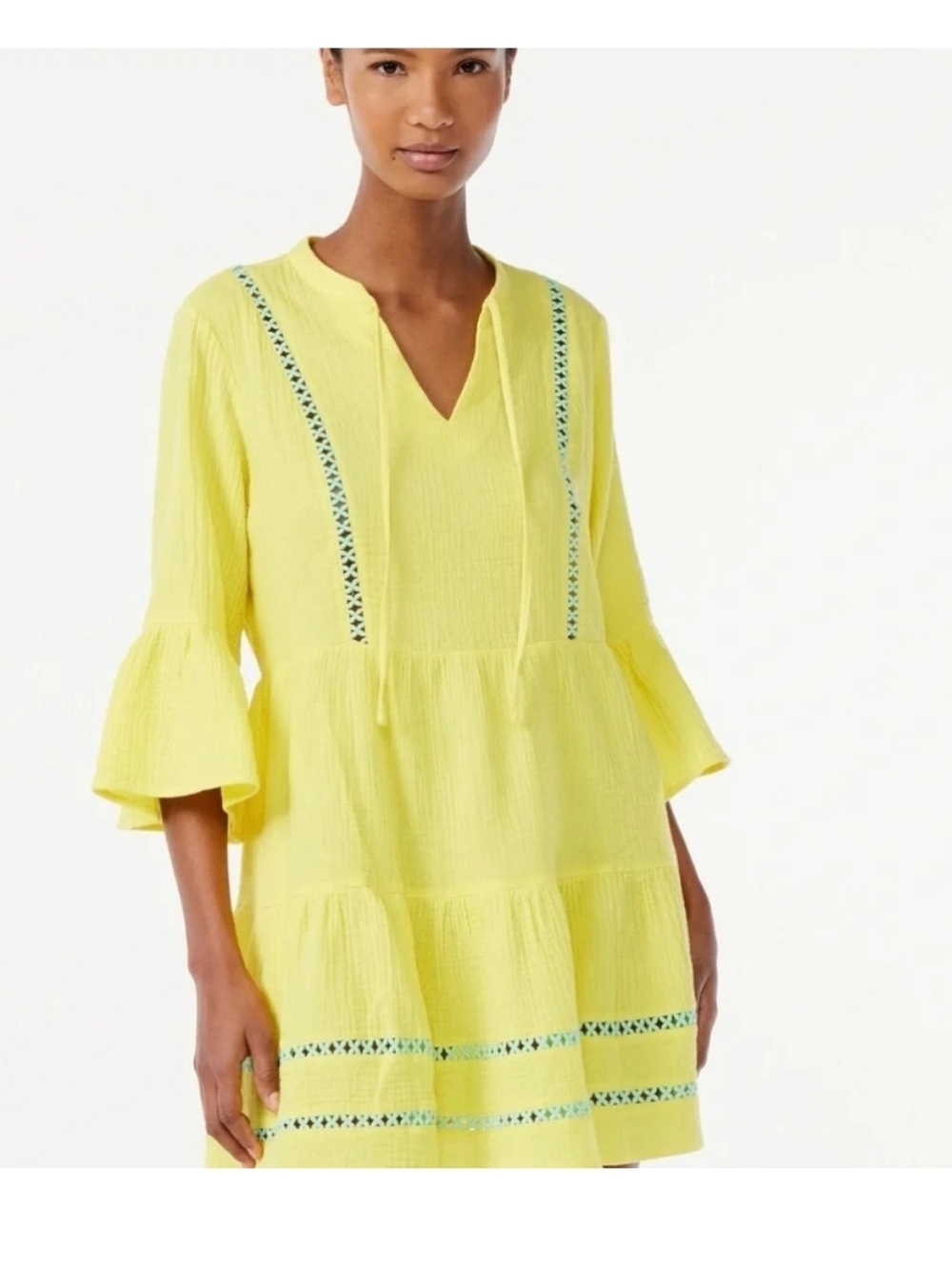 Scoop, Women's Yellow Embroidered V-Neck Swim Cover-Up